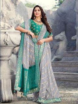 Odette - Grey Banarasi Silk Floral Designer Saree with Unstitched Blouse