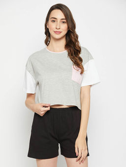 Clovia - Colourblocked Cropped T-Shirt In Light Grey - 100 Percent Cotton