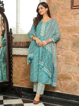 Vaamsi - Turquoise Floral Printed Straight Kurta with Pant and Dupatta