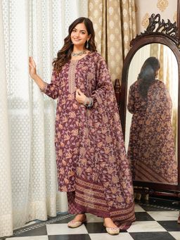 Vaamsi - Brown Floral Printed Straight Kurta with Pant and Dupatta