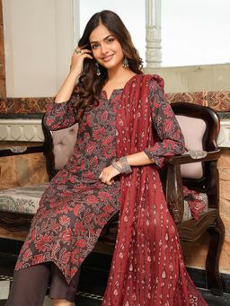 Vaamsi - Brown Floral Printed Straight Kurta with Pant and Dupatta
