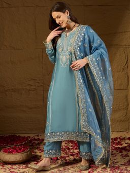 Vaamsi - Women Blue Embroidered Kurta Pants With Dupatta