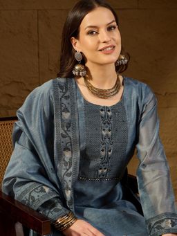 Vaamsi - Women Blue Chanderi Kurta Pant with Dupatta