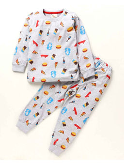 BLUSHES - Kids Grey Melange Fast Food Theme Printed Sweatshirt with Joggers (Set of 2)