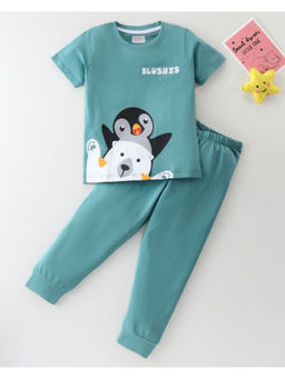 BLUSHES - Kids Green Penguin & Polar Bear Printed T-Shirt with Joggers (Set of 2)