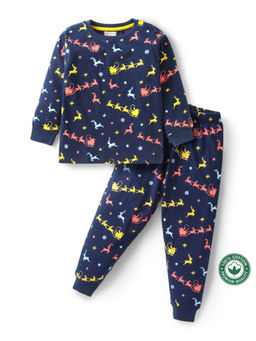 BLUSHES - Kids Navy Blue Reindeer Printed Sweatshirt with Joggers (Set of 2)