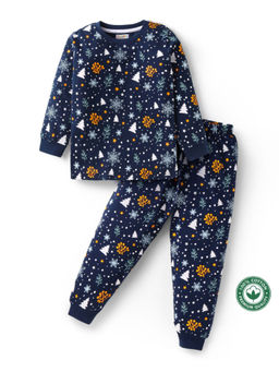 BLUSHES - Kids Navy Blue Trees & Snowflakes Printed Sweatshirt with Joggers (Set of 2)