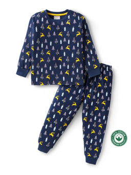 BLUSHES - Kids Navy Blue Trees & Reindeer Printed Sweatshirt with Joggers (Set of 2)