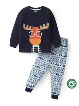 BLUSHES - Kids Navy Blue Reindeer Printed Sweatshirt with Joggers (Set of 2)
