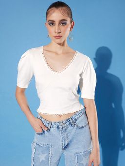 Style Quotient - Women White Solid Cotton Styled Back Crop Top