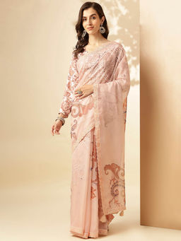 SANSKAR - Peach Paisley Organza Tassel Work Saree with Unstitched Blouse