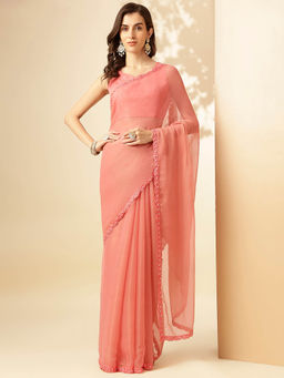 SANSKAR - Peach Solid Silk Zari Beads and Embellished Saree with Unstitched Blouse