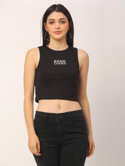 RIGO - Black Game Over Printed Cotton Round Neck Tank Top