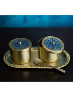 NAKSHIKATHAA - Utsav Brass Blue Condiment Jars With Tray And Spoon