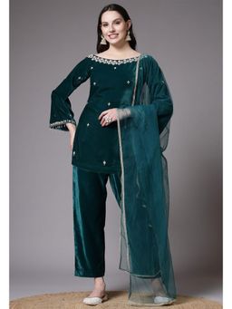 UTSAV FASHION - Women Green Velvet Embellished Kurta & Pant with Dupatta