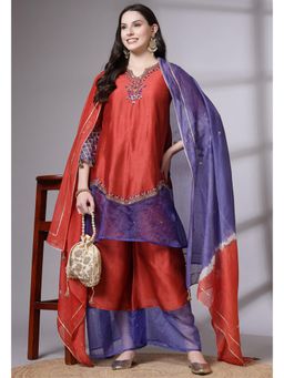 UTSAV FASHION - Women Maroon Ethnic Embroidered Kurta & Palazzos with Dupatta