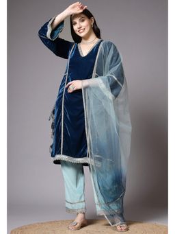 UTSAV FASHION - Women Teal Embellished Velvet Kurta & Pant with Dupatta