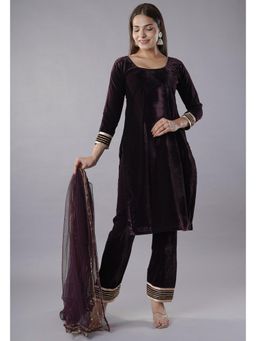 UTSAV FASHION - Women Burgundy Velvet Kurta & Pant with Dupatta