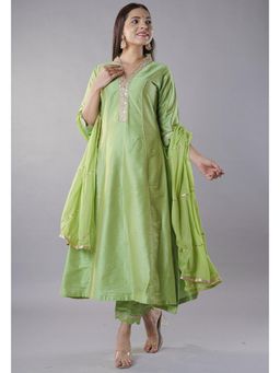 UTSAV FASHION - Women Green Floral Embroidered Chanderi Cotton Anarkali Kurta & Pant with Dupatta