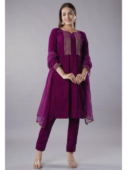 UTSAV FASHION - Women Purple Velvet Kurta & Pant with Dupatta