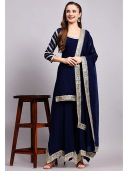 UTSAV FASHION - Women Navy Blue Embroidered Chanderi Kurta & Palazzo with Dupatta