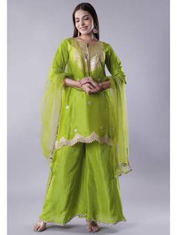 UTSAV FASHION - Women Green Embroidered Chanderi Kurta & Palazzo with Dupatta