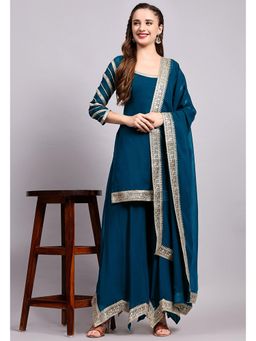 UTSAV FASHION - Women Teal Embroidered Chanderi Kurta & Palazzo with Dupatta
