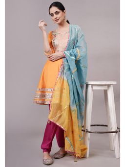 UTSAV FASHION - Women Orange Ethnic Embroidered Anarkali Kurti & Churidar & Dupatta