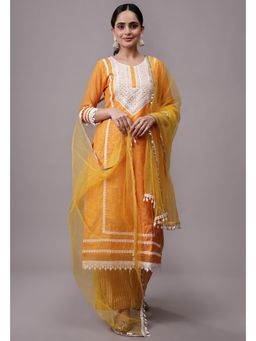 UTSAV FASHION - Women Orange Embroidered Thread Work Kurta & Palazzo with Dupatta