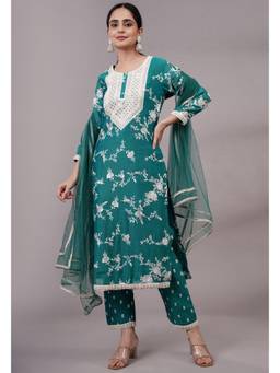 UTSAV FASHION - Women Green Embroidered Dupion Silk Kurta & Pant With Dupatta