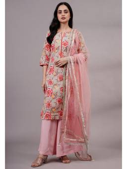 UTSAV FASHION - Women Beige Floral Printed Kurta & Palazzo with Dupatta