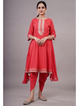 UTSAV FASHION - Women Coral Embellished Anarkali Kurta & Dhoti with Dupatta