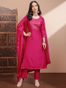 VISHUDH - Women Pink Embroidered Gloddy Dobby Kurta & Pant & Dupatta
