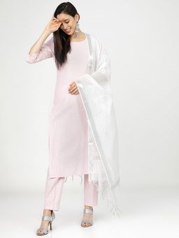VISHUDH - Women Pink & Silver-Toned Striped Pure Cotton Kurta & Pant with Dupatta