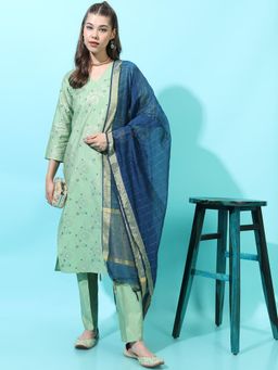 VISHUDH - Women Green Floral Kurta & Pant with Dupatta
