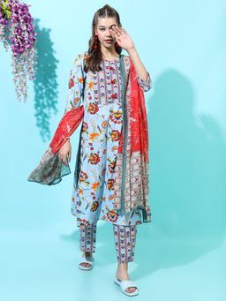 VISHUDH - Women Blue Floral Pure Cotton Kurta & Pant with Dupatta