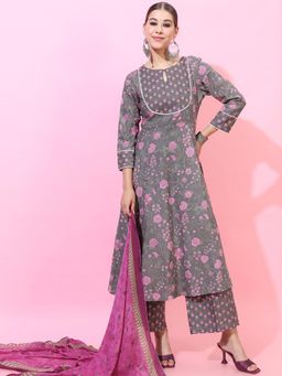 VISHUDH - Women Grey Floral Printed Pure Cotton Anarkali Kurta & Palazzo with Dupatta