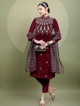VISHUDH - Women Maroon Embroidered Velvet Kurta & Pant with Dupatta