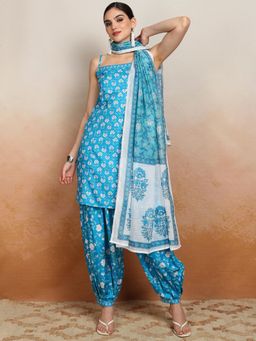 VISHUDH - Women Blue Floral A-Line Panelled Strap Kurta & Salwar & Dupatta