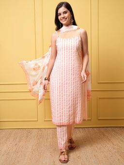 VISHUDH - Women Pink Stripes Strap Kurta & Pant with Dupatta