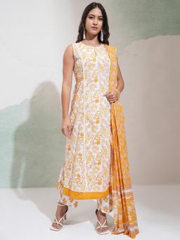 VISHUDH - Women White & Yellow Printed Round Neck Kurta & Pant with Dupatta