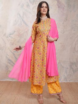 VISHUDH - Women Mustard Floral Umbrella Cut Kurta & Palazzo with Dupatta