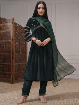 VISHUDH - Women Green Embroidered Velvet Gathered Kurta & Pant with Dupatta