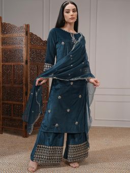 VISHUDH - Women Teal Embroidered Velvet Straight Kurta & Palazzo with Dupatta
