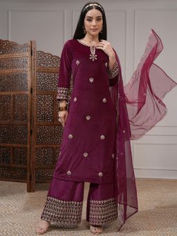 VISHUDH - Women Burgundy Embroidered Velvet Straight Kurta & Palazzo with Dupatta