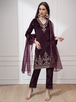 VISHUDH - Women Purple Embroidered Velvet Kurta & Pant with Dupatta