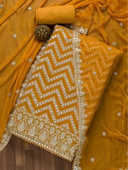 Koskii - Mustard Mirrorwork Semi Crepe Unstitched Salwar Suit (Set of Three)