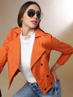 Campus Sutra - Orange Women Solid Windcheater Denim Jacket