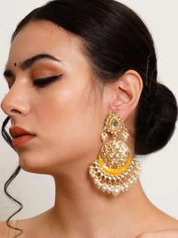 Karatcart - Gold Plated Handcrafted Yellow Meena and Pearl Long Dangler Earrings for Women