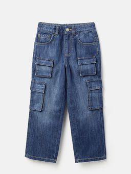 United Colors of Benetton - Solid Straight Fit Dark Wash Cargo Denim Jeans